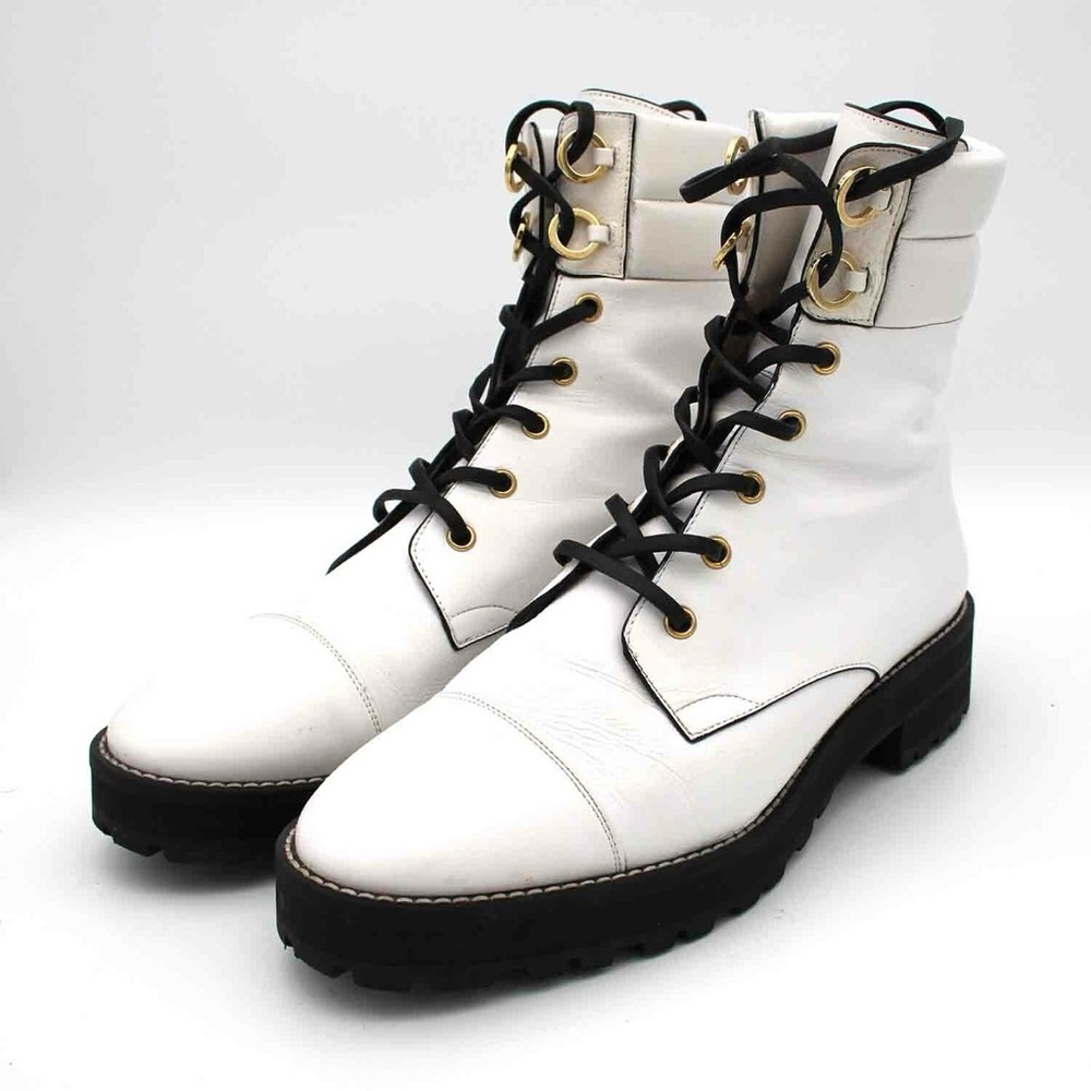 Stuart Weitzman Lexy Round Toe Boot White Leather Combat Ankle Boot